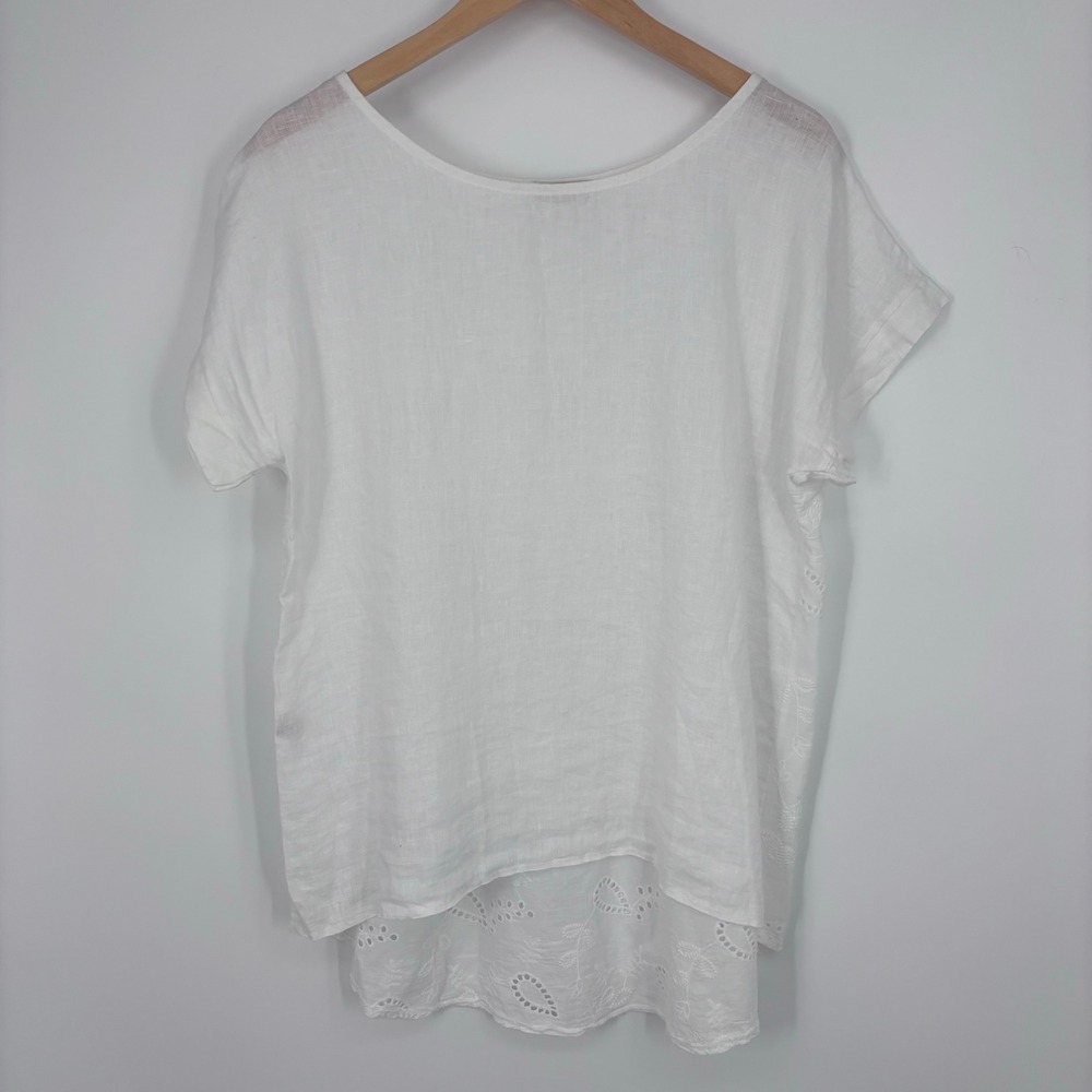 Terzo Millennio White Linen Cotton Eyelet Embroidery Short Sleeve Top Womens S